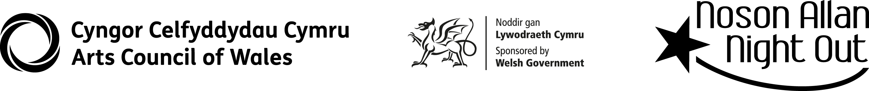 Llun: Stribed logo du a gwyn Noson Allan y gellir ei lawrlwytho gyda logos Cyngor Celfyddydau a Llywodraeth Cymru